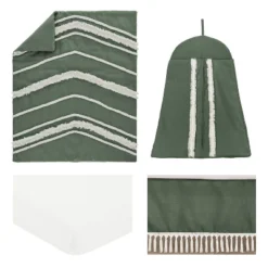 Sweet Jojo Designs Girl Baby Crib Bedding Set - Dark Green And Ivory Boho Fringe Collection 4pc