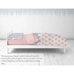 Bacati - Olivia Coral/Navy Buck/Feathers/Triangles Muslin 4 Pc Toddler Bedding Set -Babyletto Store GUEST 046c7502 1f80 4ca1 9431 c4ddd2a07218