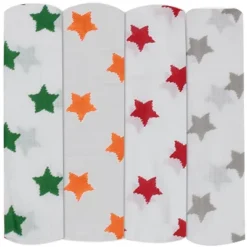 Bacati - Stars Neutral Swaddling Muslin Blankets Of 4 (Green,Orange,Red,Gray) -Babyletto Store GUEST 3e47f474 5cd4 4421 a9b8 e4ec18b6e7a6