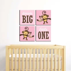 Big Dot Of Happiness Pink Monkey Girl - Kids Room, Nursery Decor And Home Decor - 11 X 11 Inches Nursery Wall Art - Set Of 4 Prints For Baby's Room