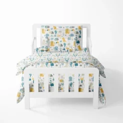 Bacati - Little Dino Boys Teal/Yellow Muslin 5 Pc Toddler Bedding Set With Dec Pillow