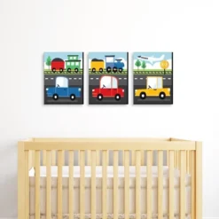 Big Dot Of Happiness Cars, Trains, And Airplanes - Transportation Nursery Wall Art And Kids Room Decor - 7.5 X 10 Inches - Set Of 3 Prints