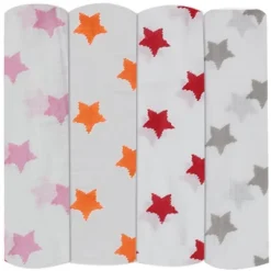 Bacati - Stars Girls Swaddling Muslin Blankets Of 4 (Pink, Orange,Red,Gray) -Babyletto Store GUEST af1454a4 87cb 4e2a 95a1 16c276f10104