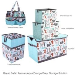 Bacati - Safari Animals Aqua/Orange/Gray Collapsible Laundry Hamper -Babyletto Store GUEST e5930365 866e 4d3b 8e6a 95089ad6b10a